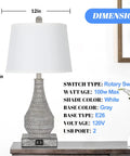 Two Pack Farmhouse Table Lamps With USB Ports For Bedroom Nightstand, 23 Inch Gray Vase Bases And White Shades, Rotary Switch