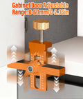 2-In-1 Cabinet Door Mounting Jig With Adjustable Positioner, mounted on a cabinet door, aluminum alloy, precise markings visible.