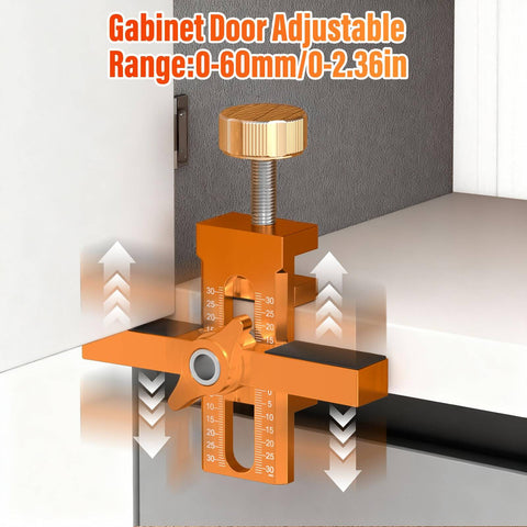 2-In-1 Cabinet Door Mounting Jig With Adjustable Positioner, mounted on a cabinet door, aluminum alloy, precise markings visible.