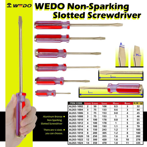Non Sparking Slotted Screwdriver Aluminum Bronze Die Forged 178mm 7 Inch 5mm Tip With Ergonomic Grip Handle variety sizes