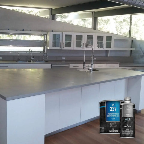 Rock Hard Concrete Countertop Sealer Semi Gloss Water Based Formula applied on modern kitchen concrete island.