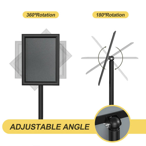 Sign Holder Floor Stand 8.5x11 Inch With Adjustable Height And Tilt Heavy Duty Base Snap Open Frame displaying adjustable angles