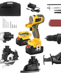 Six Tool 18V Cordless Power Tool Kit With Drill Circular Saw Palm Sander Impact Driver Reciprocating Saw And LED Battery Adapter Compatible With Makita 20V Batteries Includes Two 4.0Ah Batteries And Fast Charger displayed with components