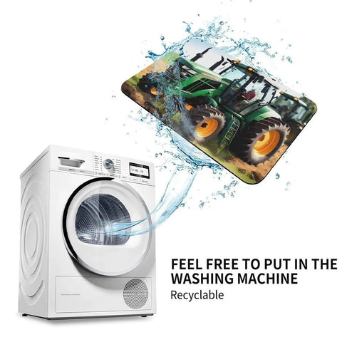Go-To Farm Tractor Style Diatom Mud Quick Dry Bath Mat washing in machine, showcasing non slip backing and vibrant tractor design.