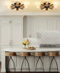 Installed Cool 4 Light Sputnik Ceiling Light Fixture Black Flush Mount With Wood Base, Modern Farmhouse Style in kitchen
