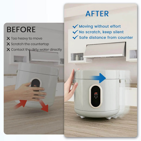 Self Adhesive Caster Wheels For Appliances 360 Degree Swivel Sliders showing easy appliance movement before and after use in kitchen