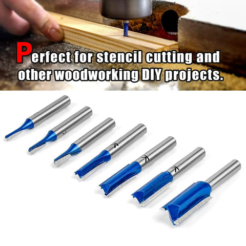 Top Shelf 7 Piece Straight Cut Router Bit Set 1/4 Inch Shank for precision woodworking with carbide tips and clean cuts.
