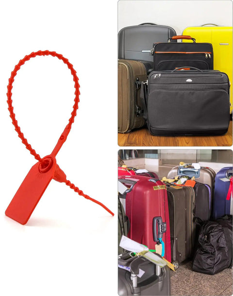 Plastic Tamper Seals 200 Pack Self Locking Security Zip Ties For Fire Extinguishers And Fire Safety Pull Tite Tags Easy Slide Lock Durable PP Material Red with luggage.