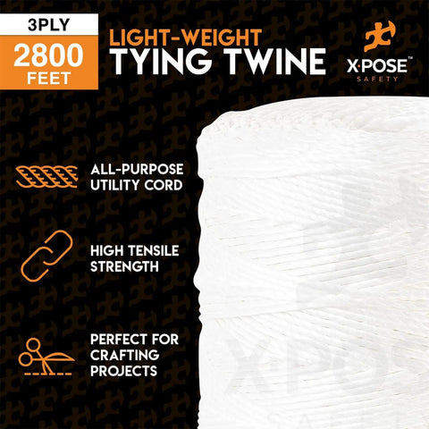 Workhorse Heavy Duty Polypropylene Twine 3 Ply White String Roll 2800 Feet For Baling Shipping Bundling Packaging Gardening