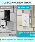Comparison chart showing before and after use of 15 Piece Switch Box Strap And F Clip Set For Electrical Boxes, Easy Outlet Repair For Loose Outlets, Plaster Ear Mounts, Secure Device Mounts And Box Support Clips For Fast DIY Electrical Fix.