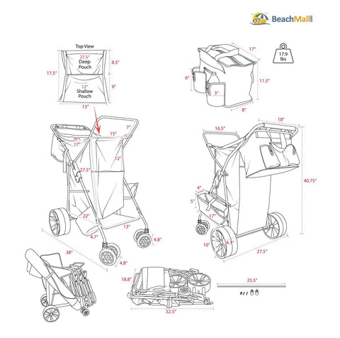 Dimensions and folded view of Beach Cart With Big Sand Wheels For Easy Sand Haul Wide Wheel Wagon Includes Insulated Cooler Bag Body Board