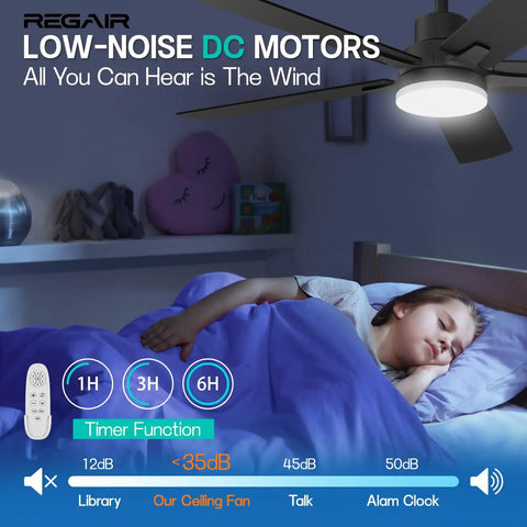 Child sleeping under 52 Inch Ceiling Fan With Light Remote Control Reversible DC Motor Noiseless 3 CCT Dimmable Timer Black