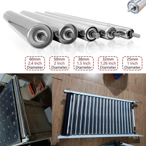 Heavy Duty Galvanized Gravity Conveyor Rollers For Warehouse Moves And Factory Runs Durable Non Powered Steel Rollers visible in various sizes 25mm to 60mm.