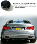 Matte black screw cover for stainless steel license plate screws and bolts with black caps, designed for a sleek appearance.