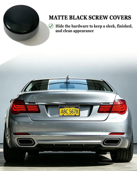 Matte black screw cover for stainless steel license plate screws and bolts with black caps, designed for a sleek appearance.