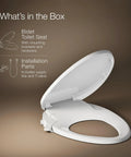 Manual Dual Wand Bidet Toilet Seat With Quiet Close Elongated Design, showing open seat and installation parts on brown background.