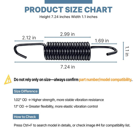 Washer Suspension Spring DC61-01257N Replacement Part size chart and dimensions for front load washers.