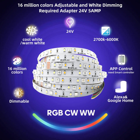 24V RGBWW LED Strip Lights 32 Foot Roll Dimmable Color Changing Tape With CCT From 2700K To 6000K 6 Wire SMD5050 product image