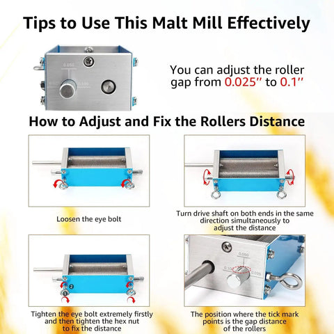 Steps to adjust roller gap for Homebrew Malt Mill Grain Crusher With Adjustable Roller Gap Manual Metal Grinder Stainless Steel