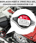 Radiator Cap Replacement OEM 19045-PAA-A01 installed on Honda engine, visible warning label. Fits Accord 1994-2006, Civic 1992-2005.