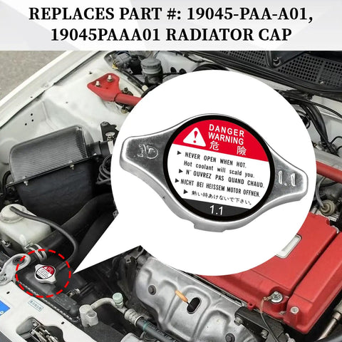 Radiator Cap Replacement OEM 19045-PAA-A01 installed on Honda engine, visible warning label. Fits Accord 1994-2006, Civic 1992-2005.