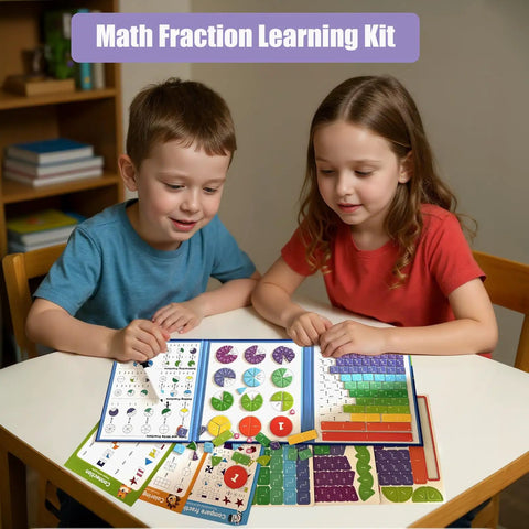 Children using Hands-On Fraction Learning Kit With Tiles For Elementary Math Fun Demonstration Set on table