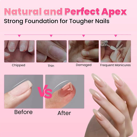 Before and after using HEMA Free Builder Gel Kit With White And Nude Two Color Set And Brush for nail strength and repair.