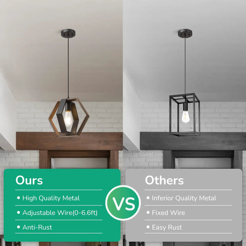 Comparison of Dope Farmhouse Hex Pendant Light with wood grain, adjustable height, and a traditional black pendant light.
