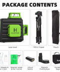 Package contents showing 360 Degree Self Leveling Laser Level With 47 Inch Tripod 3x360 Cross Line Green Laser For Construction Tiling And Picture Hanging 5200mAh Battery Pack And Two Portable Bags.