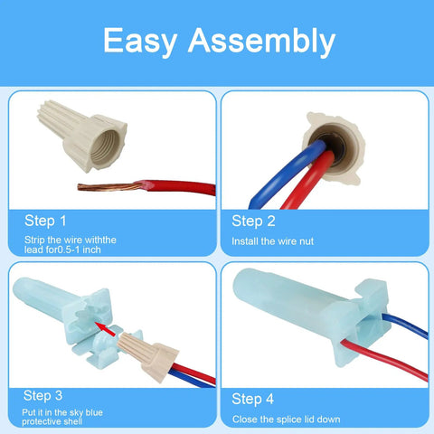 Easy assembly guide of 25 Pack Waterproof Direct Burial Wire Nut Splice Kit 22 AWG To 10 AWG with steps for outdoor use.