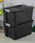 Six-Pack 19 Gallon Stackable Totes For Home Organization, Rugged Black Plastic Storage Bins With Recessed Lids And Heavy-Duty Latches