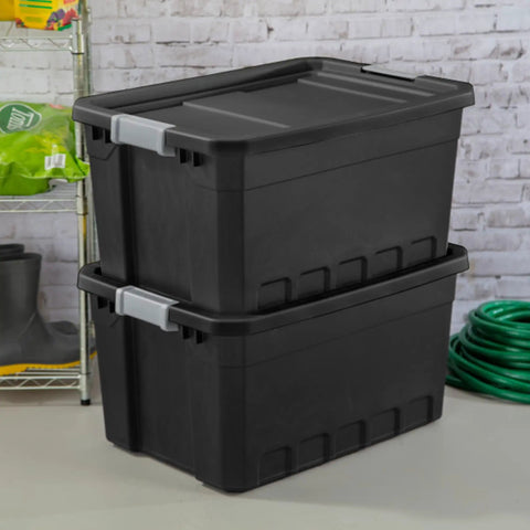 Six-Pack 19 Gallon Stackable Totes For Home Organization, Rugged Black Plastic Storage Bins With Recessed Lids And Heavy-Duty Latches