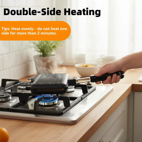 Person using Flip Panini Sandwich Maker With Nonstick Aluminum Grill Pan And Handle Stovetop Indoor Outdoor Press.
