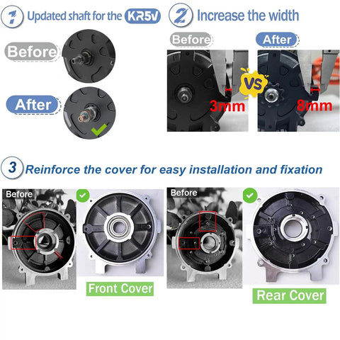 Detailed view of Beefy 72V 5000W Brushless DC Motor for Electric Scooters and Go Karts showing shaft size increase and reinforced cover.