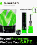 Front view of SHARPRO 1/8 in carbide ball nose CNC router bit with 1/4 in shank in green/black packaging