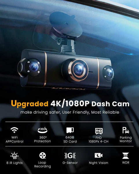 4 Channel 360 Degree Dash Cam With Front Rear Inside Left Right Cams, 4K Front And 1080P Side And Rear Shots, mounted view