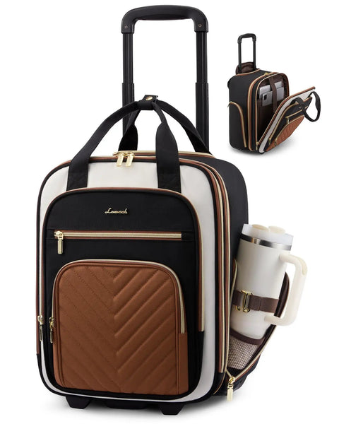 Underseat Carry On Luggage With Wheels Lightweight Soft Sided Personal Item Bag For Travel Airline Approved Size That Fits Under Seat And In Cabin Easy Glide Wheels Durable Compact Travel Case For Everyday Trips, featuring multiple compartments and side pocket for bottle.