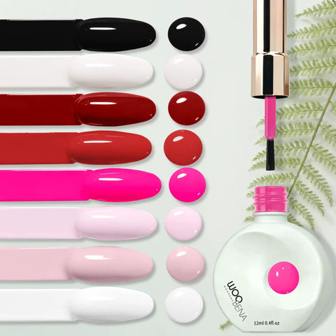 12ml Nail Gel Kit With UV Gel Polish Colors Long Lasting, bottle and brush with various polish colors. Salon quality, glossy finish.
