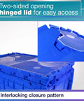 Rock Solid Heavy Duty 18 Gallon Plastic Tote With Handy Hinged Flip Lids Stackable Warehouse Storage Bins Pack Of Three showing two-sided opening hinged lid for easy access.