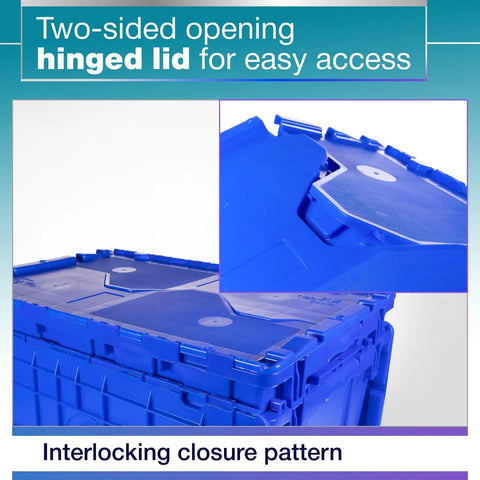 Rock Solid Heavy Duty 18 Gallon Plastic Tote With Handy Hinged Flip Lids Stackable Warehouse Storage Bins Pack Of Three showing two-sided opening hinged lid for easy access.