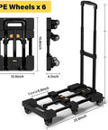 Lightweight Six Wheel Folding Hand Truck Dolly For Luggage And Groceries, Portable Trolley Easy To Use, Diamond Pattern Platform, Heavy Duty Haul Up To 502 Lbs, Ideal For Moving, Shopping, Travel Gear; folded and extended view with 12.5-inch platform