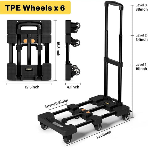 Lightweight Six Wheel Folding Hand Truck Dolly For Luggage And Groceries, Portable Trolley Easy To Use, Diamond Pattern Platform, Heavy Duty Haul Up To 502 Lbs, Ideal For Moving, Shopping, Travel Gear; folded and extended view with 12.5-inch platform