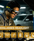 Person using Badass Rechargeable LED Safety Glasses With Dual LED Spot And Flood Lights Five Bright Lighting Modes for night work.