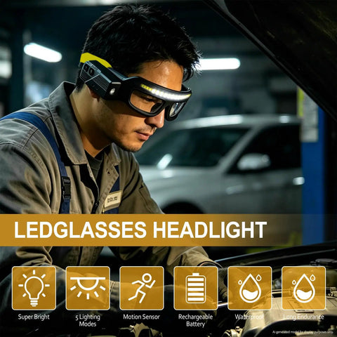 Person using Badass Rechargeable LED Safety Glasses With Dual LED Spot And Flood Lights Five Bright Lighting Modes for night work.