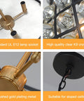 Close-up details of a vintage crystal chandelier with E12 lamp socket, K9 crystal balls, brushed gold plating, and ceiling mount.