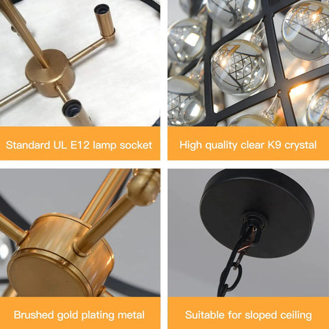 Close-up details of a vintage crystal chandelier with E12 lamp socket, K9 crystal balls, brushed gold plating, and ceiling mount.