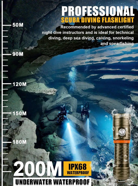 Underwater Dive Light 3500 Lumens With 485M Long Range Narrow Beam 150M Waterproof Rechargeable LED Torch shown in deep dive.