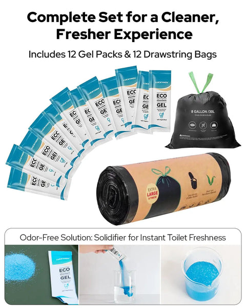 Complete set with 12 gel packs and 12 bags for Heavy Duty Portable Folding Toilet For Camping And Travel, Ultra Portable 400 Lb Capacity