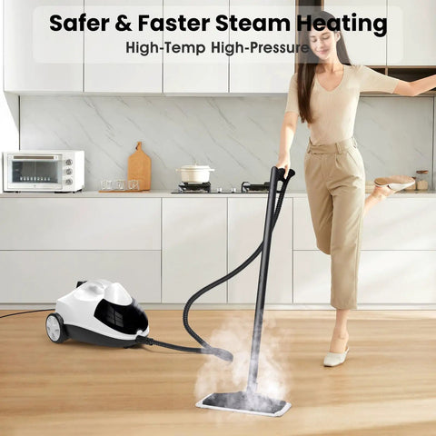 Heavy Duty Steam Cleaner Fast Heat Up One Point Five Liter Tank Multi Surface Tool Kit in use on hardwood floor.