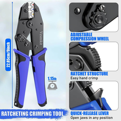Six Piece Ratchet Crimp Tool Kit With Interchangeable Dies For Heat Shrink Insulated Nylon And Non Insulated Wires tool with blue handles
